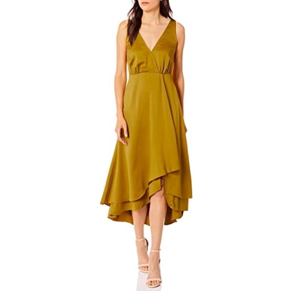 NWOT French Connection Maudie Drape Frill Sleeveless Citronelle Gold Mid Dress